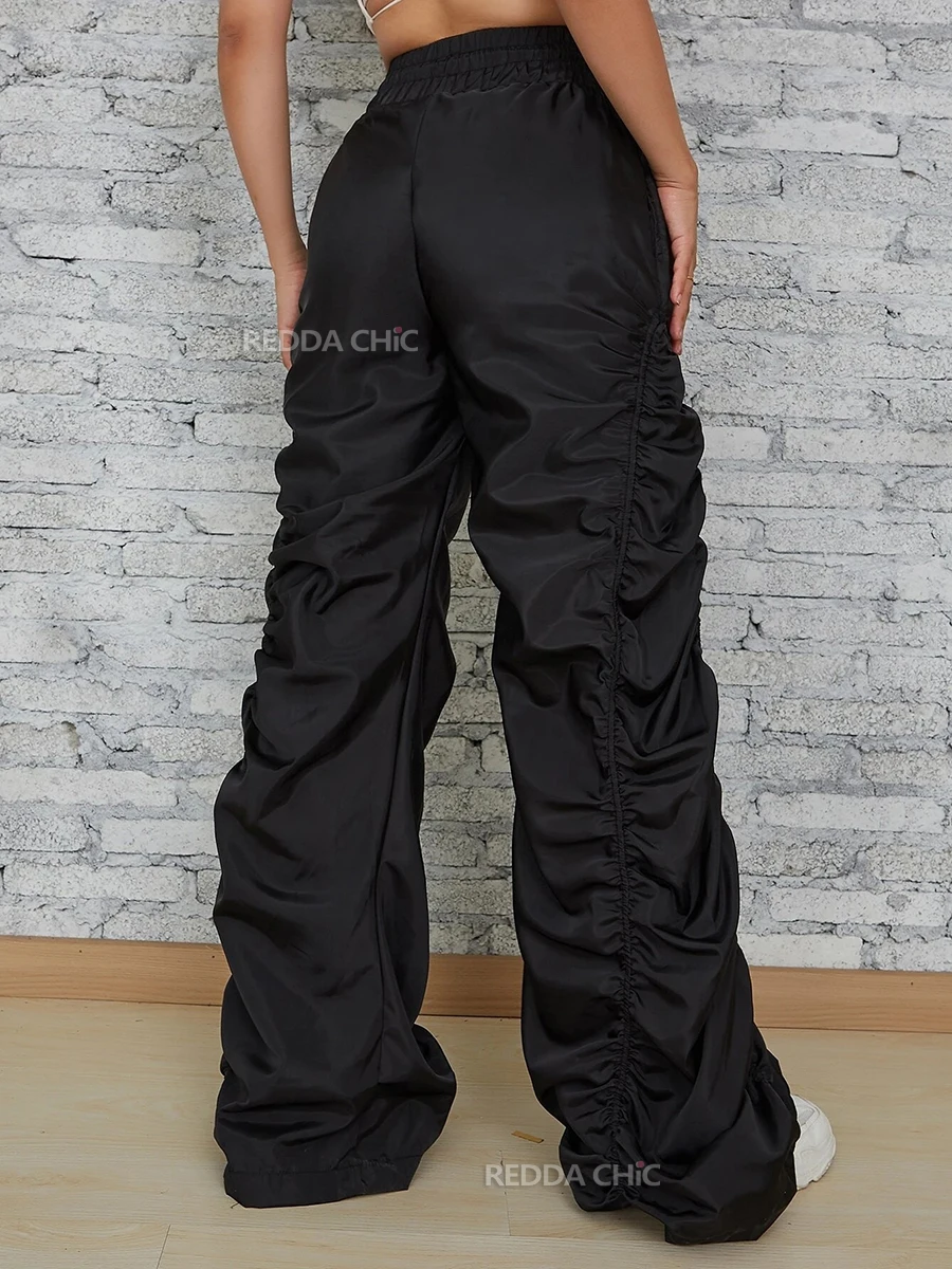 ReddaChic Solid Black Ruched Casual Pants Women Slacks Drawstring Waist Bandage Stacked Wide Leg Sweatpants Harajuku Streetwear