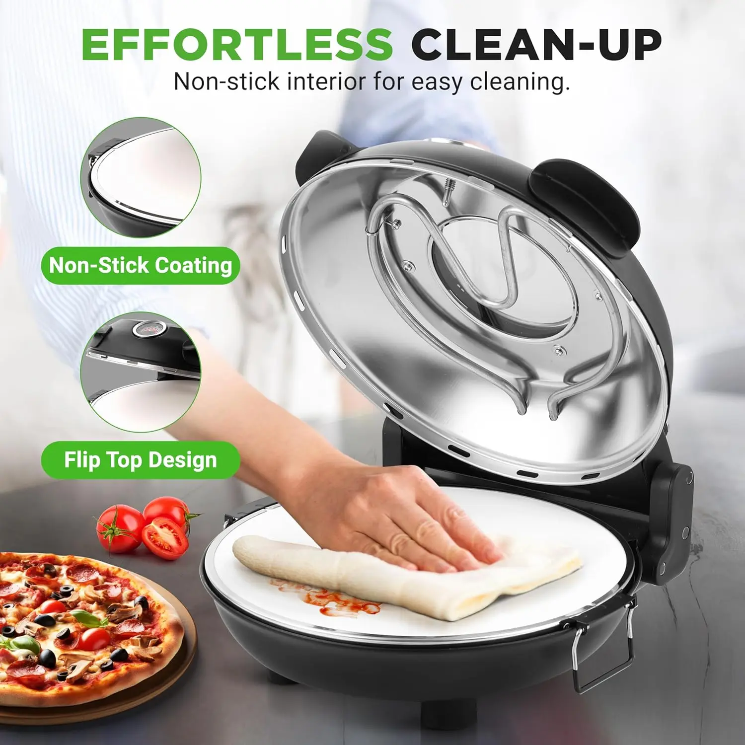 Electric Pizza Oven | 1200W Countertop Pizza Maker with Temperature Control & Thermometer | Viewing Window for Precise
