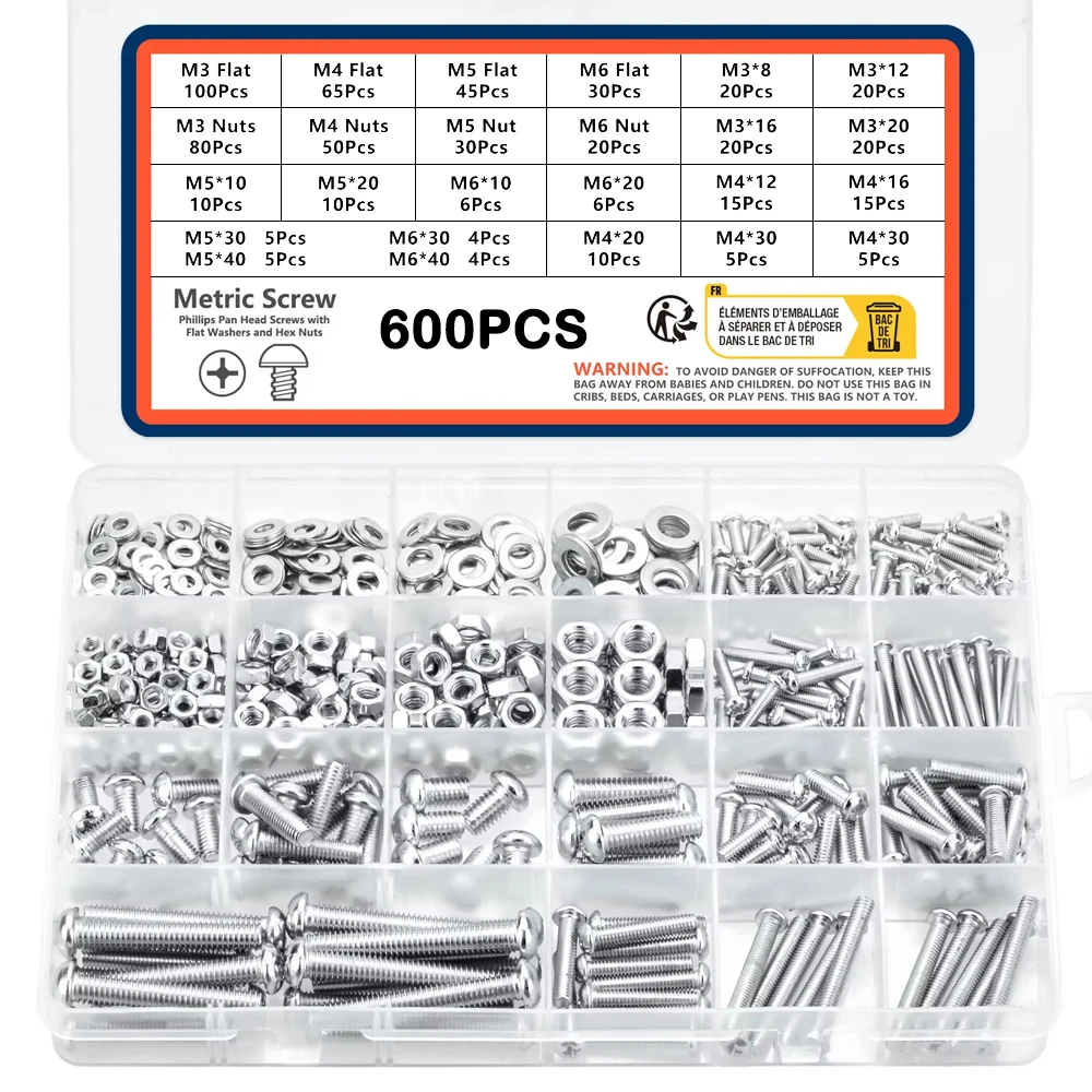 

600Pcs Screws Bolts and Nuts Assortment Kit Metric Machine Screws and Flat Washers M3 M4 M5 M6 Phillips Pan Head Sets - 16 Sizes