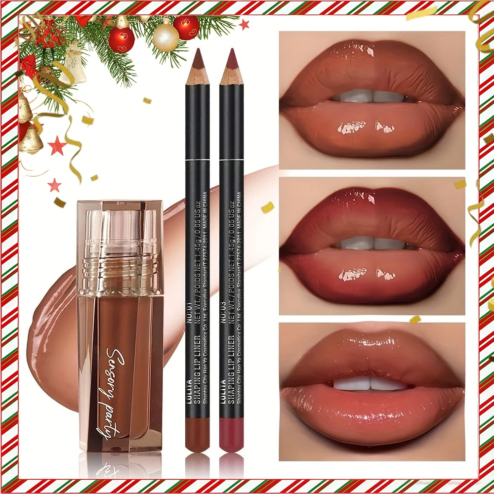 Conjunto de brilho labial e delineador labial hidratante e à prova d'água, copo antiaderente e antiaderente, efeito de maquiagem brilhante, presente de Natal