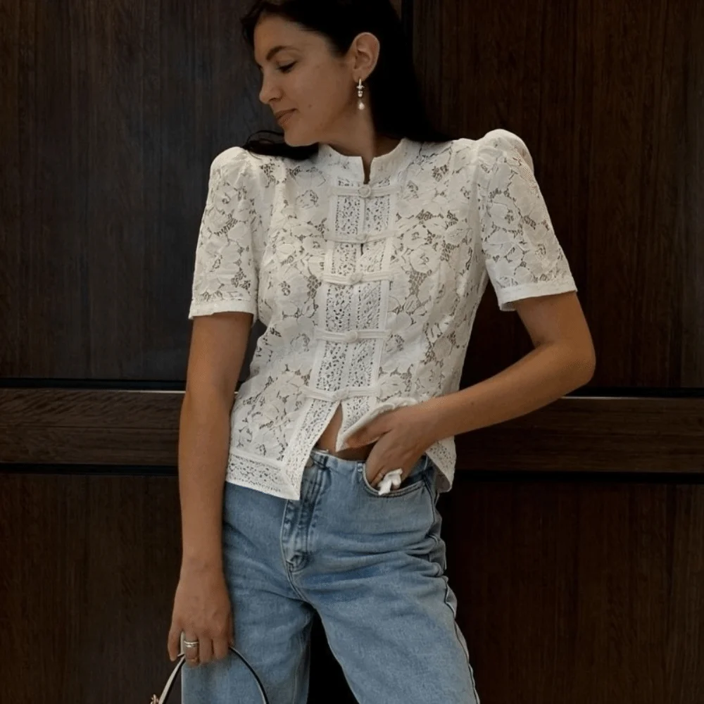 Short Puff Sleeve Lace Blouse Slim Fit Hollowed Out Women Shirt Tops Frog Button Chinese Style Lace Printed Shirts Summer