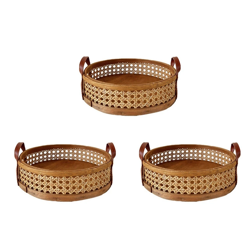 

3X Rattan Woven Storage Basket Home Living Room Round Placing Tray For Fruit Bread Breathable Desktop Organizer -Brown