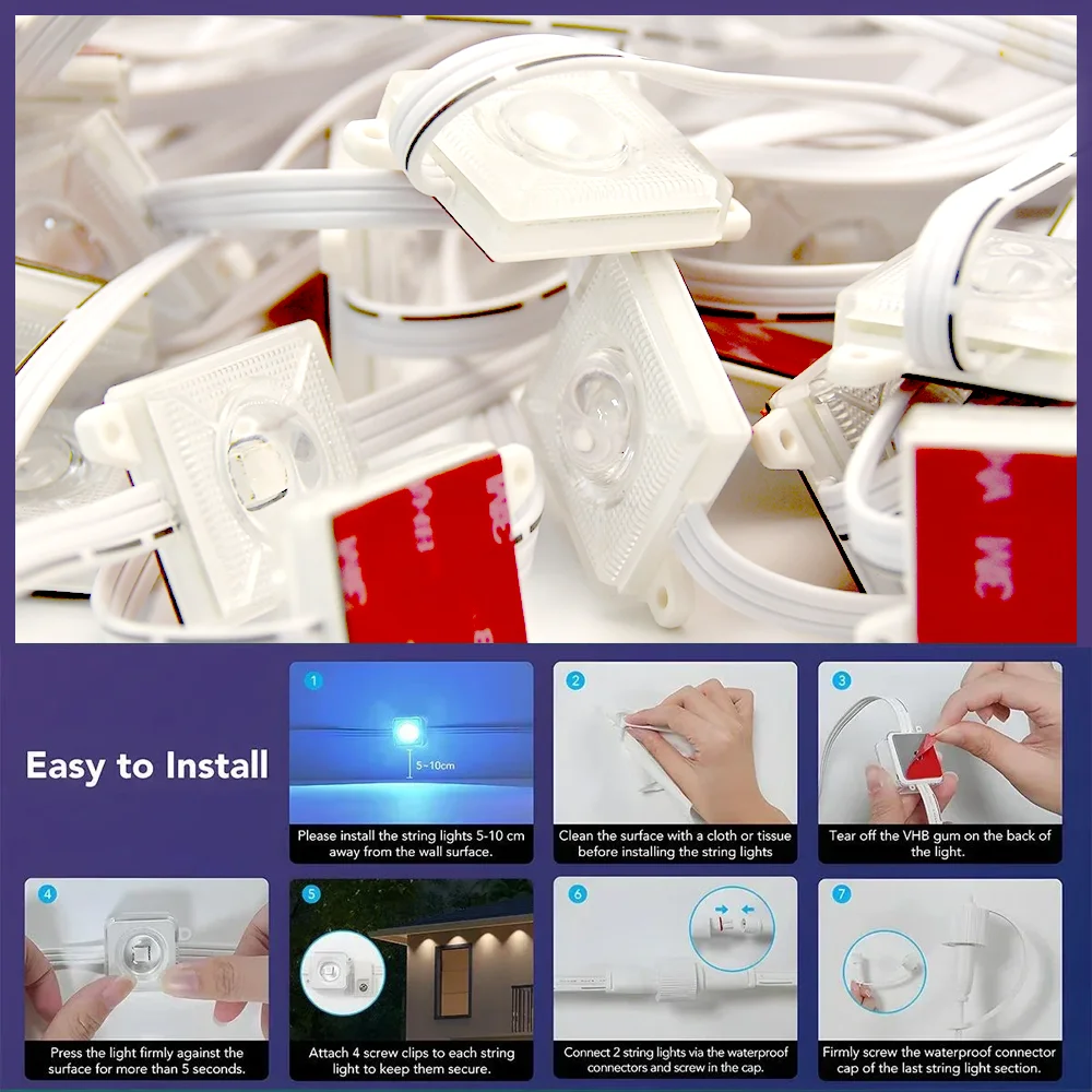 Luci permanenti per esterni, illuminazione per esterni RGBIC intelligente, strisce luminose impermeabili, con telecomando e controllo tramite app mobile