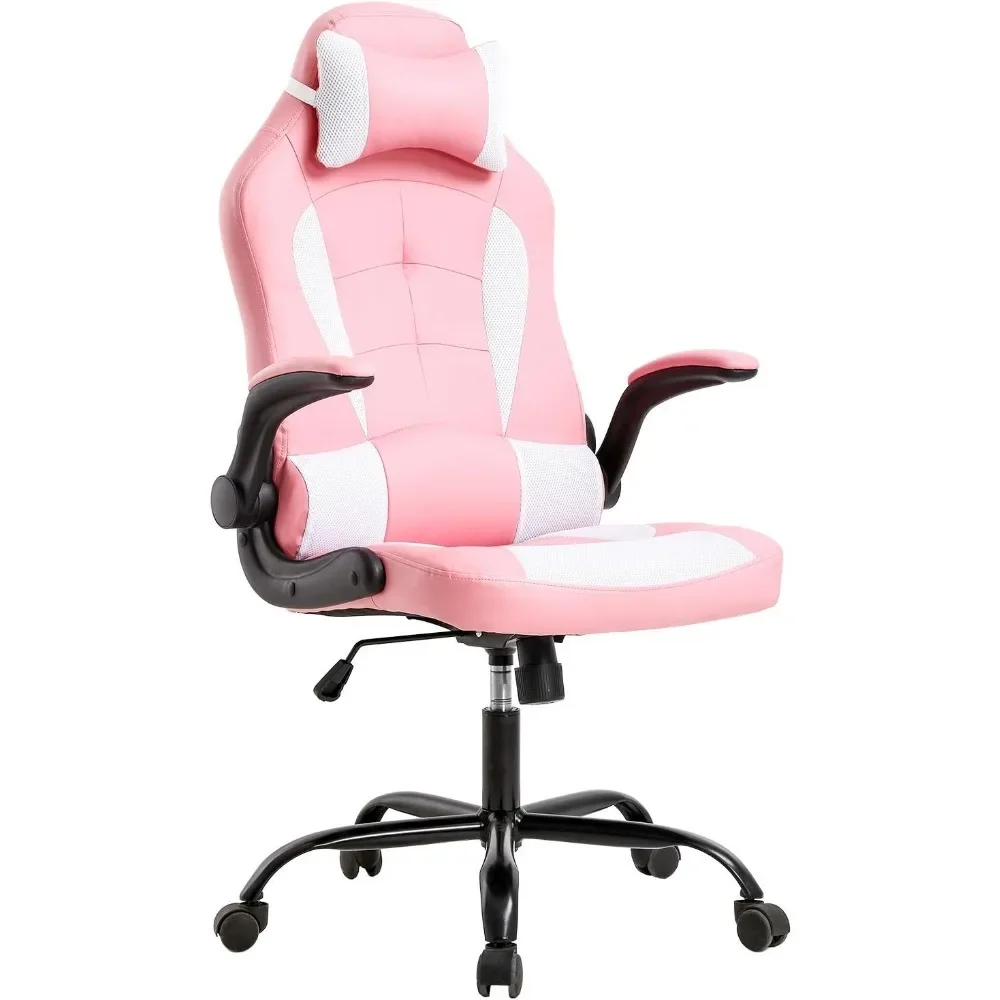 

Office Chair Gaming Chair with Lumbar Support Flip Up Arms Headrest Swivel Rolling Adjustable PU Leather Computer Chair