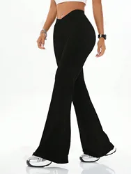 Women's high waist slim fit flared pants, solid color soft high elastic flared pants, retro style casual sportswear