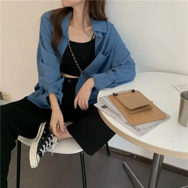 

Темно-синяя женская рубашка и блузка с длинными рукавами, современные женские топы в корейском стиле, распродажа роскошной дизайнерской молодежной женской одежды