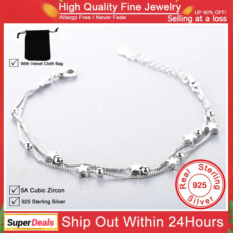 

Genuine 925 Sterling Silver Double Layers Stars Beads Charm Bracelets &Bangle for Women Girls Elegant Birthday Wedding Party