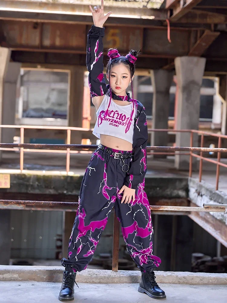 Tenue de spectacle de danse moderne K-pop pour filles, vêtements de spectacle de piste, vêtements hip hop pour enfants, costume de danse jazz, noir, violet