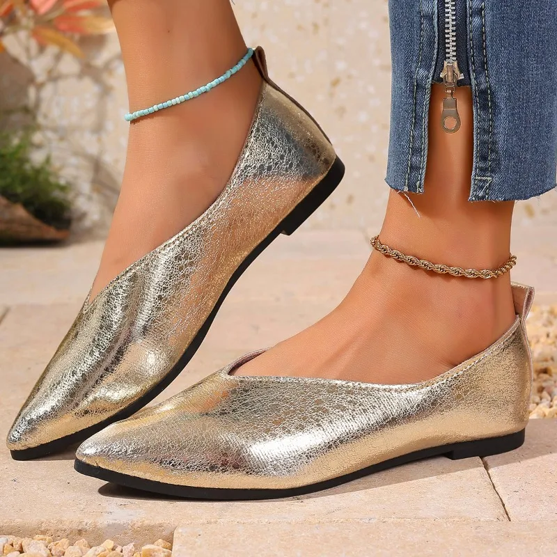 Women V‑Cut Pointed‑Toe Ballet Flats 1CM Flat Heel Cracked Metallic Silver Faux‑Leather Slip‑On Loafers Daily Casual Dress Shoes