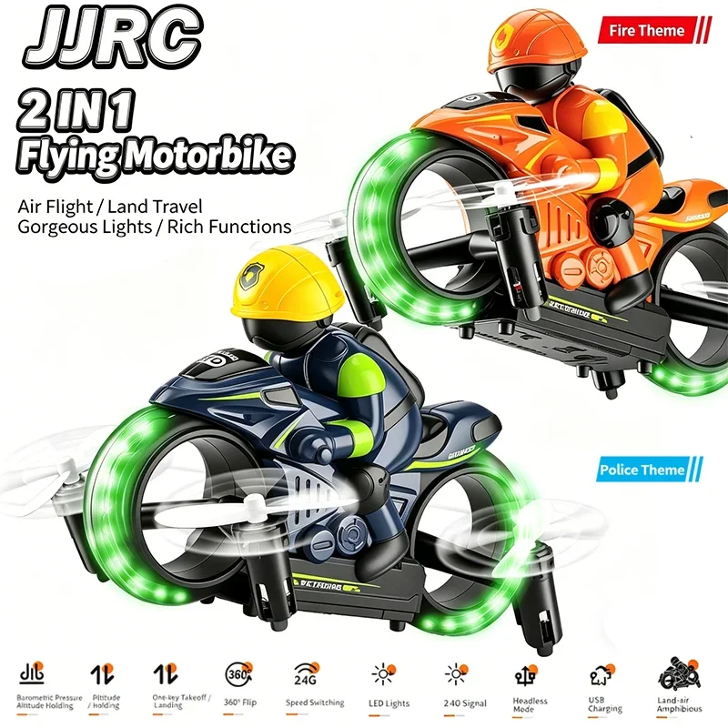 

2IN1 Rc car and Rc drone Land and Air Dual-use Flying motorcycle 2.4G remote control stunt drift with gyro and night light toys