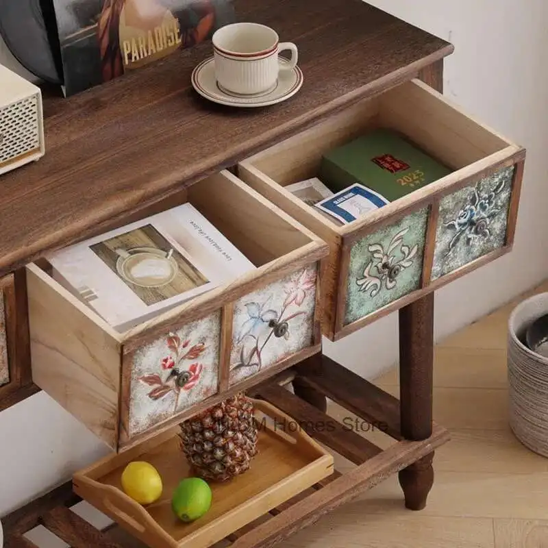 

American Solid Wood Console Table Home Corridor Entry Hallway Table Retro Pattern Living Room Furniture Entrance Console Cabinet