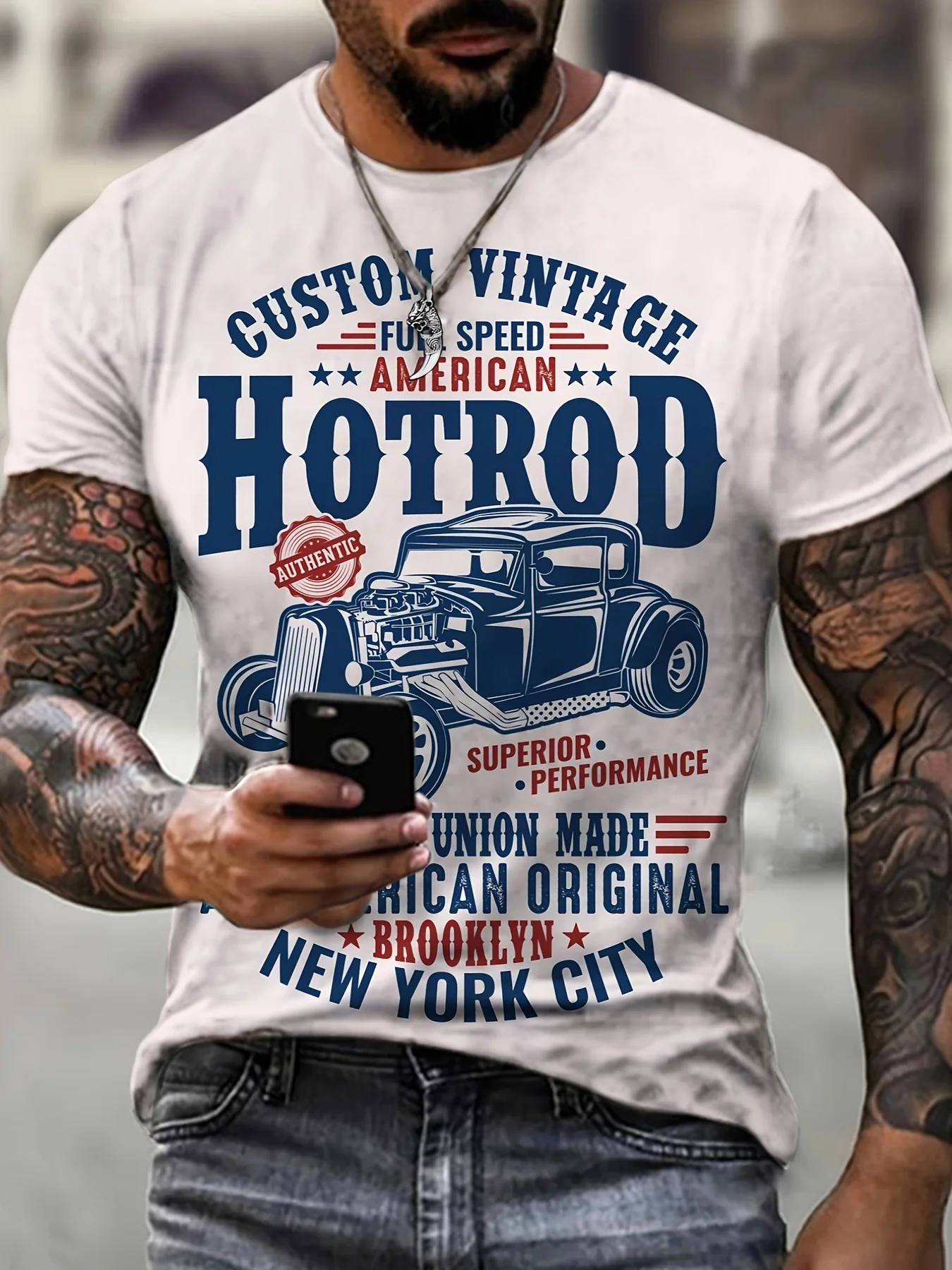 Men's Vintage Hot Rod Custom Car Print T-Shirt American Brooklyn Retro Speed Crew Neck Tee