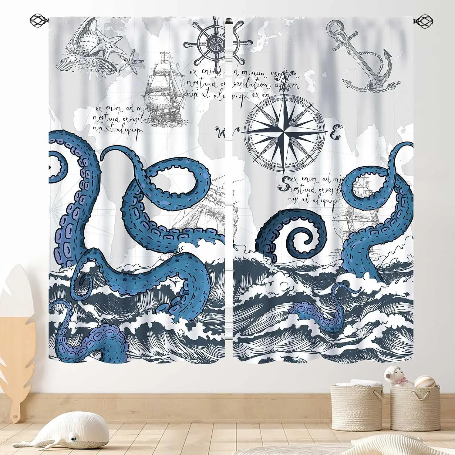 Nautical Pirate Curtains 2pcs Ocean Sea Wallpaper Print Window Curtains Nautical Decor Bedroom Home Sea Life Curtain