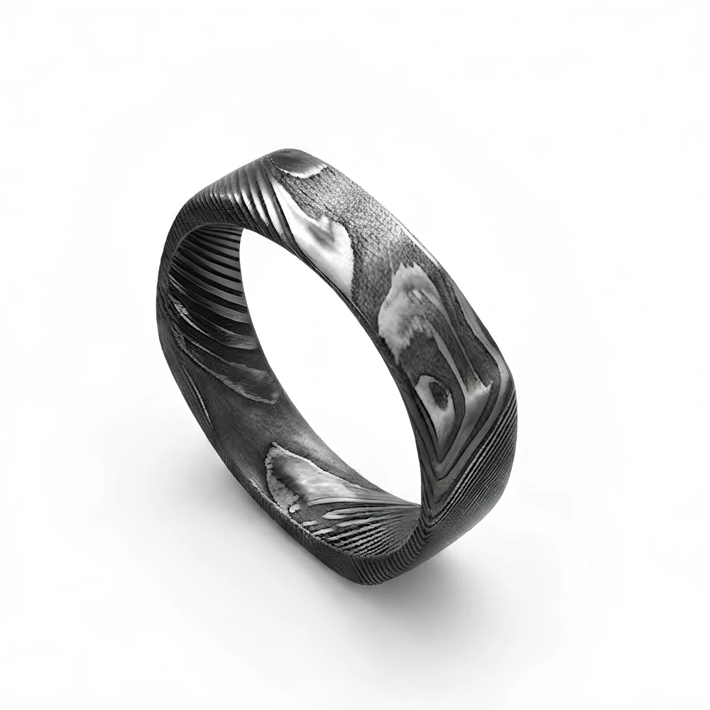Luxury Design 6mm Square Shape Wedding Ring Unique Men's Damascus Steel Finger Ring Jewelry Best Friend Gift