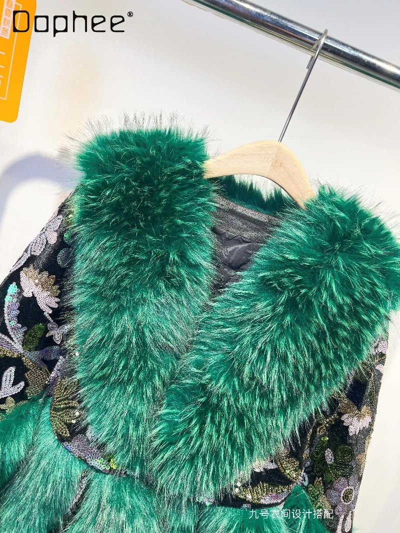 Europäische Station Winter Grün Pelzmantel für Frauen Schwere Pailletten Patchwork Farbe Plüsch Umlegekragen Casual Trendy Faux Pelzmantel