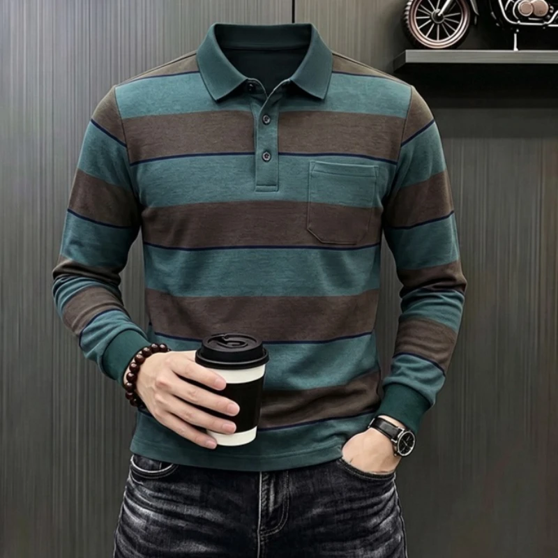 Business Classic Striped Printed T Shirt Men Long Sleeve Polo Shirts Autumn Comfortable Fit Button Polo Collar Tops Man Pullover