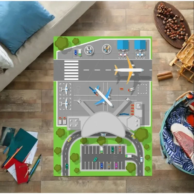 Kids Play Area Rugs Airport Landing Strips Top View Aircraft and Airplane Arrival Carpet Kids' Bedroom Playroom Nursery 3D Decor