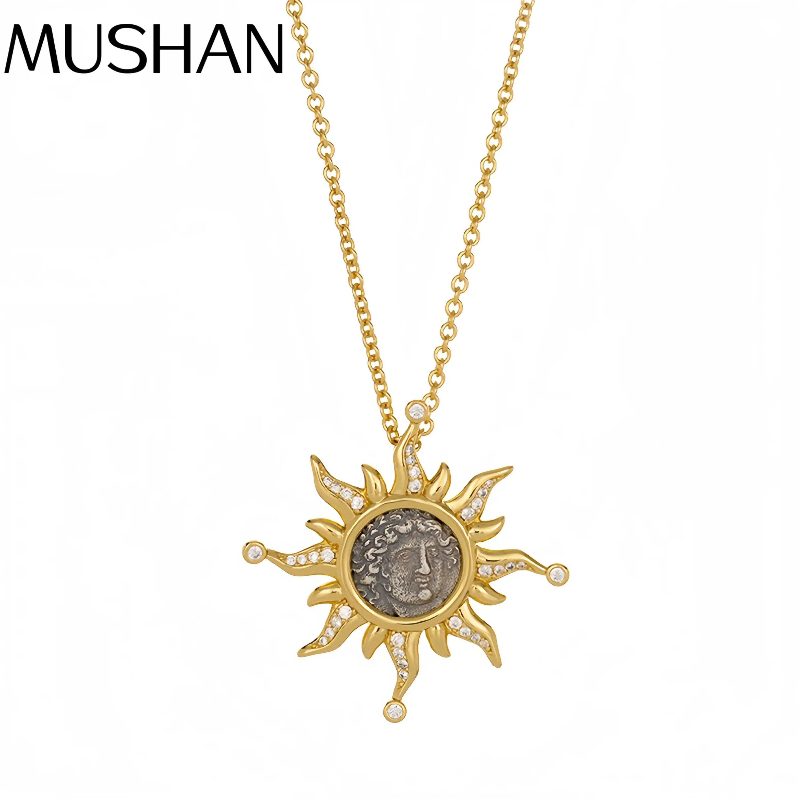 

MuShan Luxury Brand 18K Gold Plated Sun God Ancient Coin Necklace 925 Sterling Silver Zircon Pendant Necklaces Jewelry