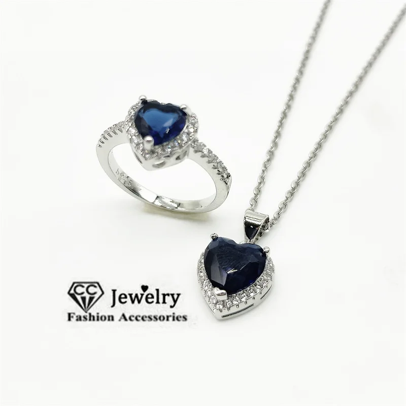 CC Jewelry Set For Women Ring Pendant Necklace 2pcs Blue Heart Cubic Zircon Silver Color Love Party Fashion Accessories