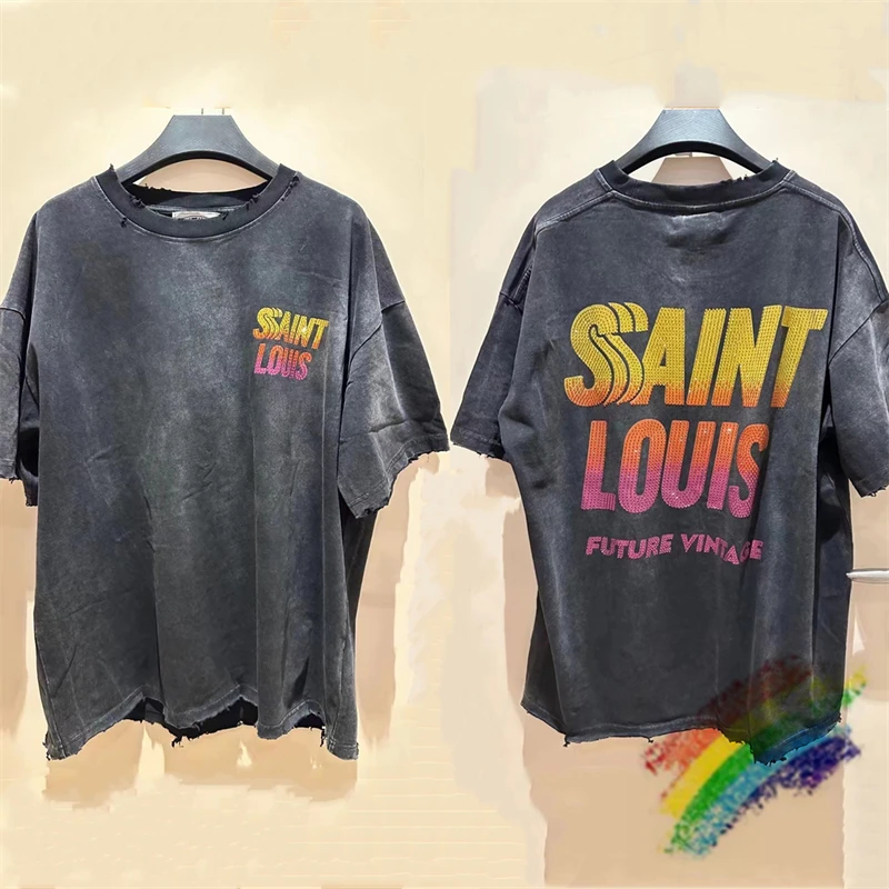 Washed Saint Louis Sunset Crystal T-Shirt Men Women 1:1 High Quality Destroy Design Oversize Tee Casual Short Sleeve With Tag