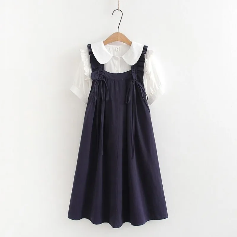 120-170CM Girl Summer Set New Children's Western Style College Style Lotus Leaf Short sleeved Shirt Drawstring Strap Skirt 2PCS