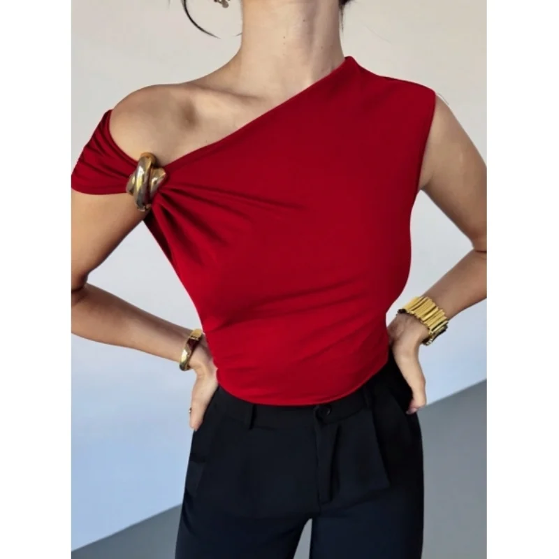 Slimming Metal Ring Design Sleeveless Pure Color Vest Top for Women New Summer Item Simple Style Fashionable Casual Wear