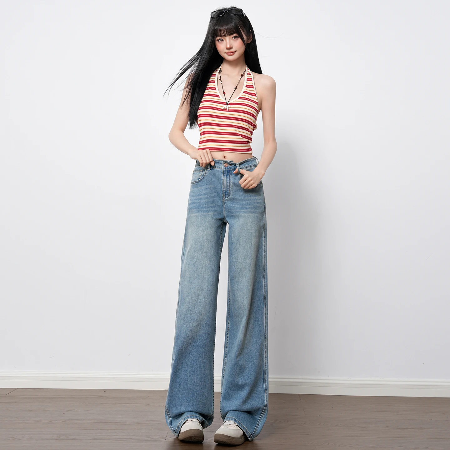 American Casual 2026 New Light Wash Stretch Straight Jeans High Rise Loose Non Stick Leg Wide Floor Women Street Outfit Pants