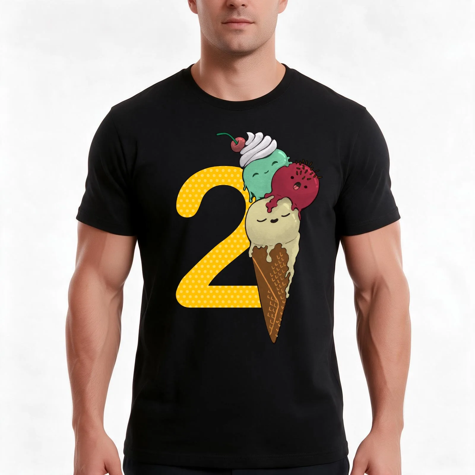 Yellow with dots and ice cream with vanilla, pistachio and strawberry birthday 2 years T-Shirt, Summer Casual Cotton Tee