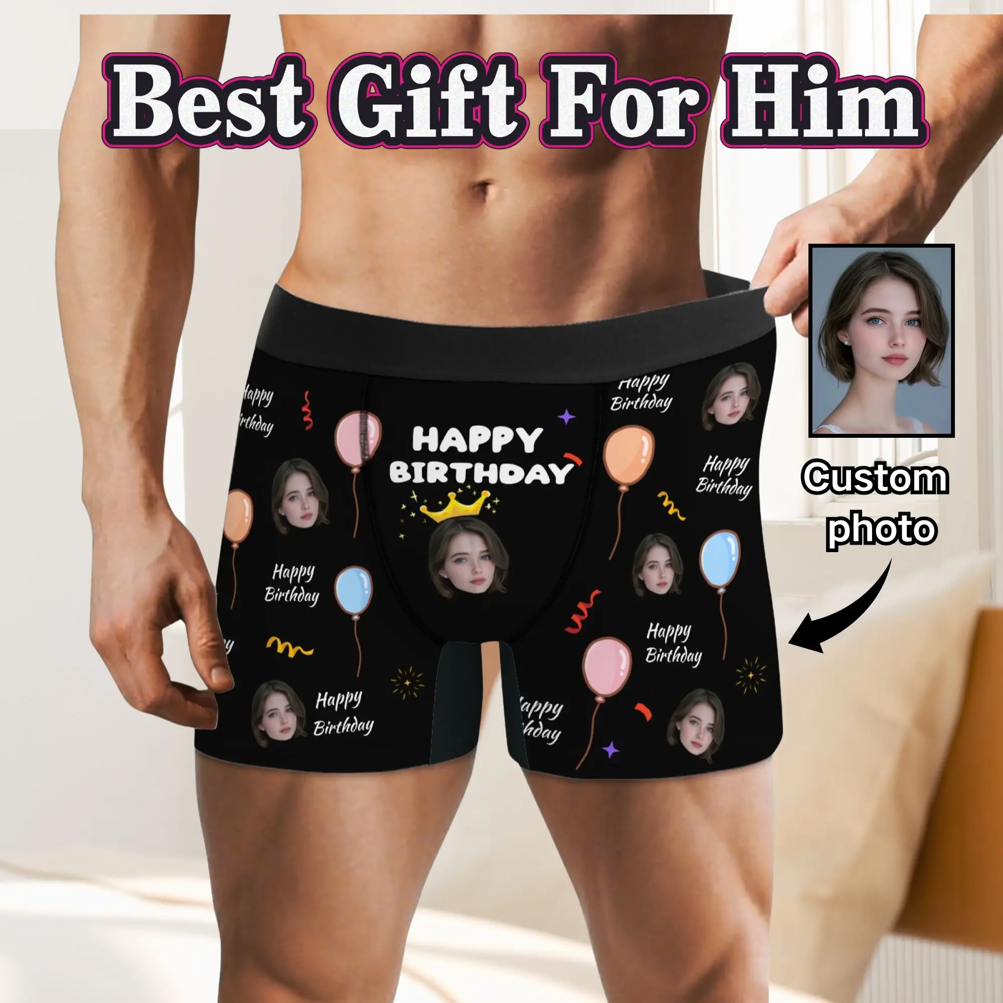 Custom Happy Birthday Face Boxer Briefs Personalized Photo Print Underwear Best Gift for Him Boyfriend Husband
