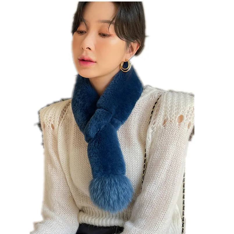 

Women Full Pelt Real Rex Rabbit Fur Scarf Winter Warm Lovely Wraps Soft Genuine Fox Fur Pompom Collar