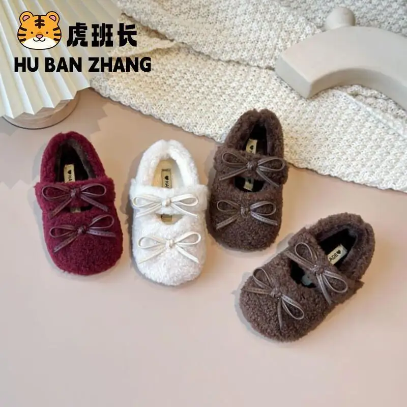 Hot Kawaii Casual Shoe Fashion Childrens Shoe Girls Cotton Shoes Sweet Bow Flat Winter Boots Warm Lined Baby Toddler Outdoor New