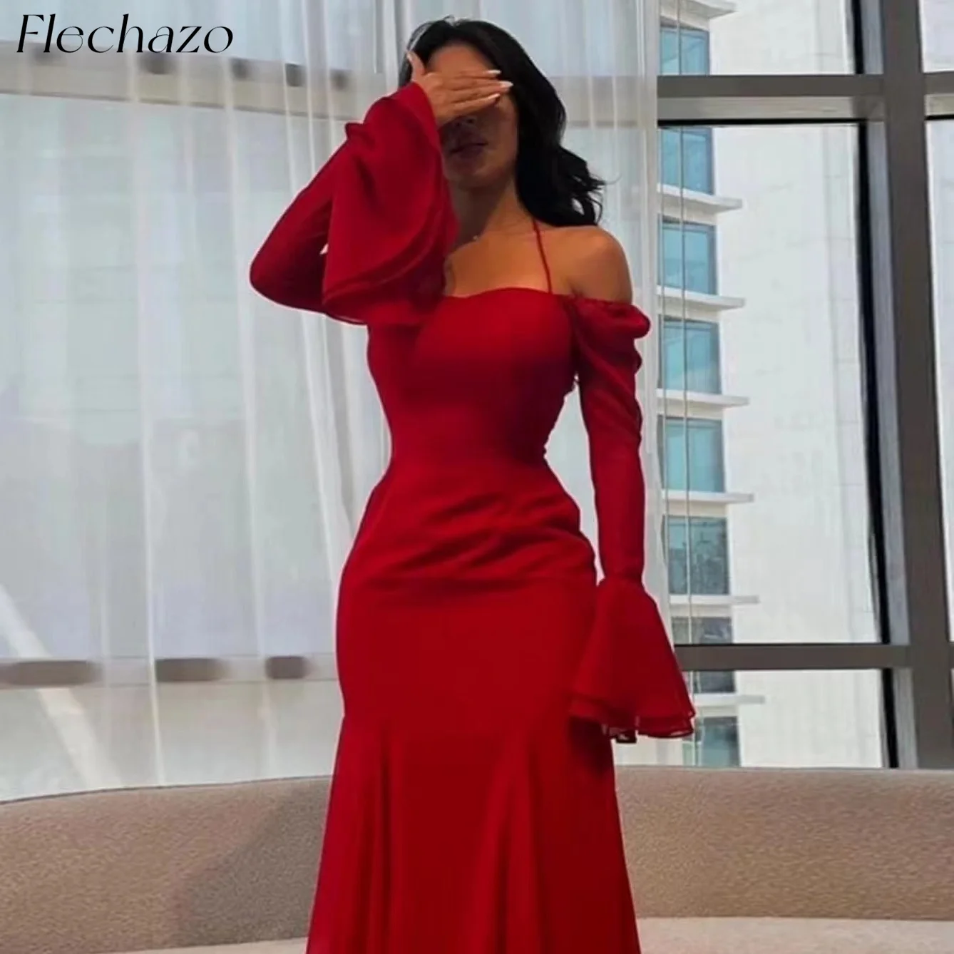 Flechazo Red Evening Dresses Halter Neck Off Shoulder Mermaid Ankle-Length Party Dress For Women 2024 vestidos para mujer