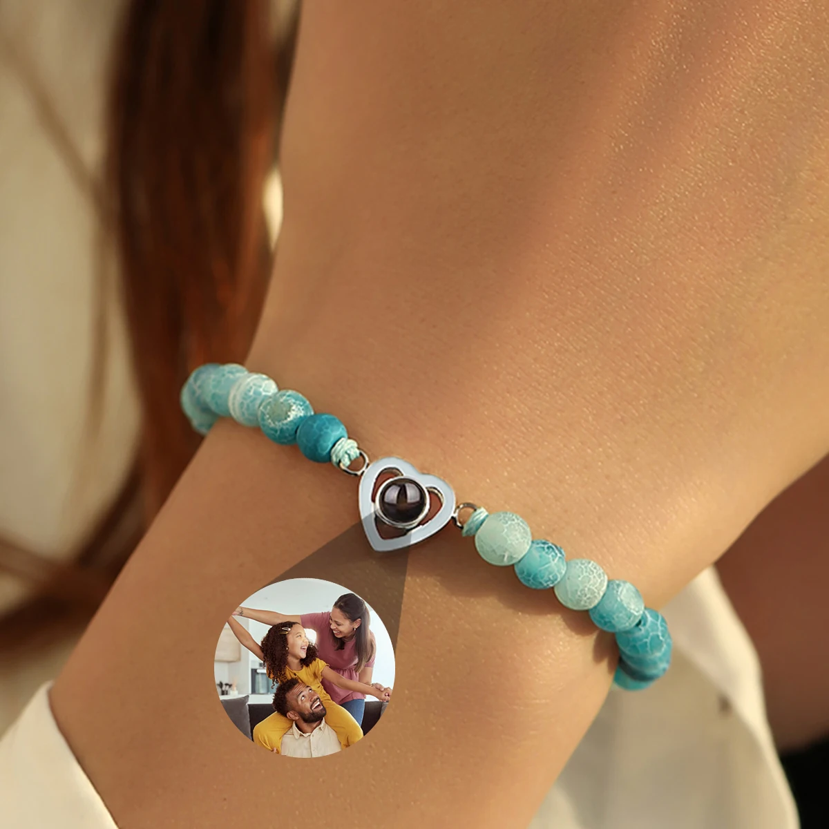 Personalized Projection Bracelet With Picture Inside Colorful Bead Chain Heart Pendant Bracelet Family Pet Memorial Gift Jewelry