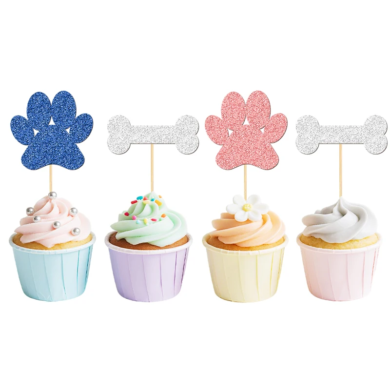 YOMDID 24 Stück Cupcake-Topper für Hunde, glitzernde Welpen, Pfote und Knochen, Cupcake-Topper, Cupcake-Picks für Hunde, Geburtstagskuchen-Dekoration – Detail 7