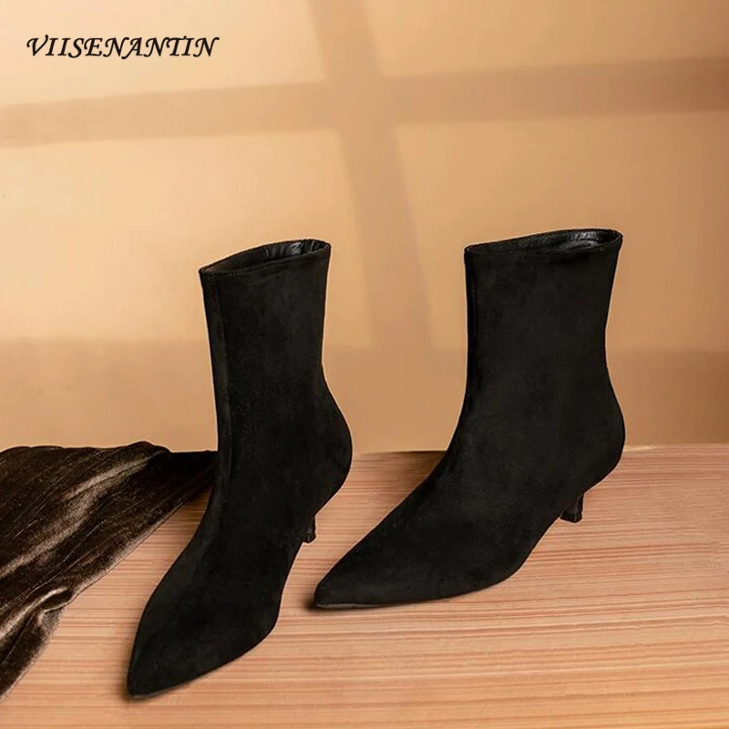 

Solid Color Suede Genuine Leather Women' S Ankle Boots Pointed Toe 4cm Kitten Heel Slip on Short Boot Concise Street Style Shoes