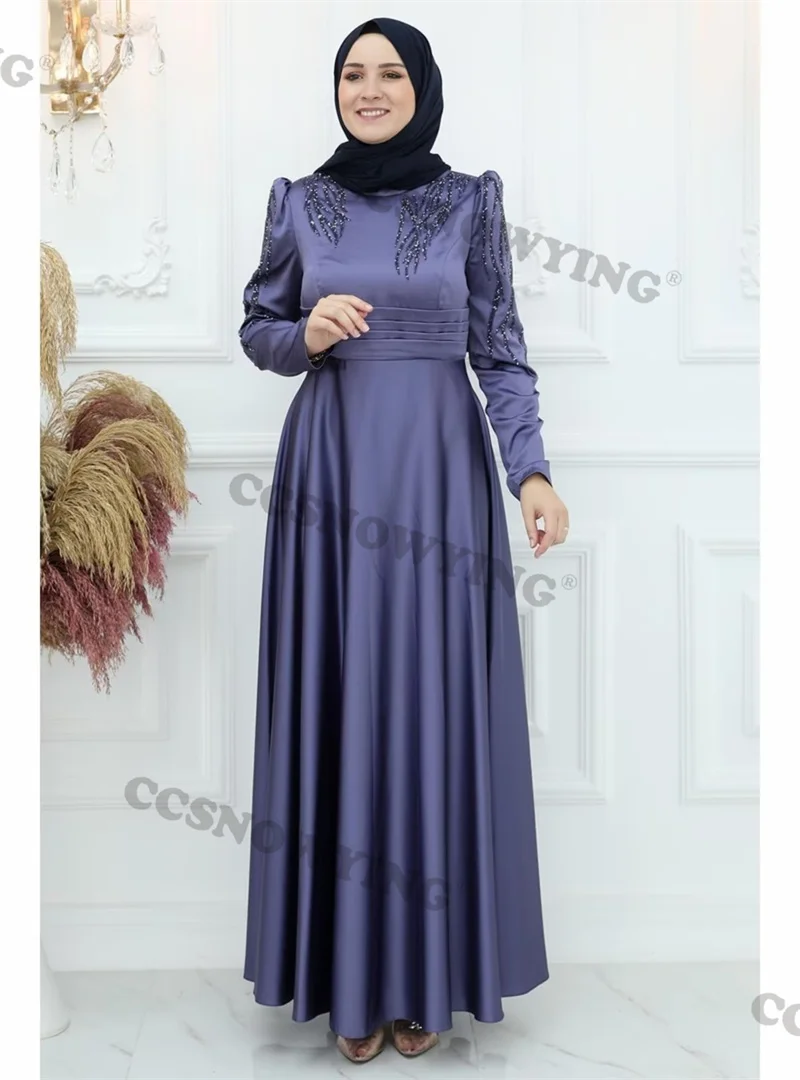 

Satin Appliques Beaded Muslim Evening Dresses Arabic Dubai Long Sleeve High Neck Hijab Formal Party Gown A Line Moroccan Caftan