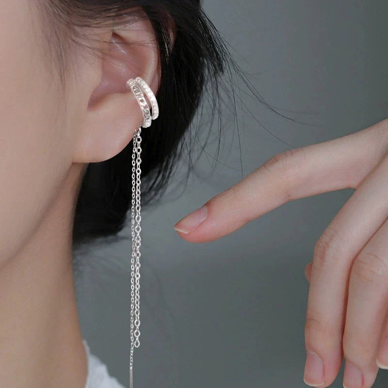 Sparkling Zircon Double-layer Chain Ear Clip Without Ear Hole Exquisite Long Tassel Ear Bone Clip For Women KOFSAC