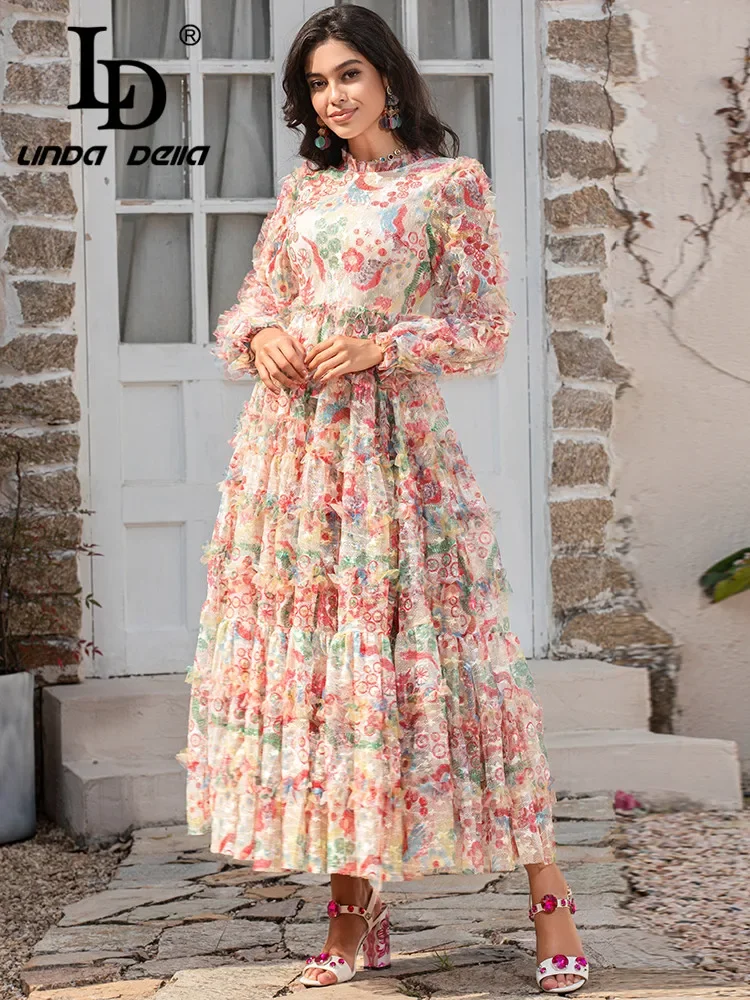 LD LINDA DELLA Fashion Designer Summer Dresses Women Long Sleeve High Waist Floral Print Mesh Vintage Vacation Long Dress