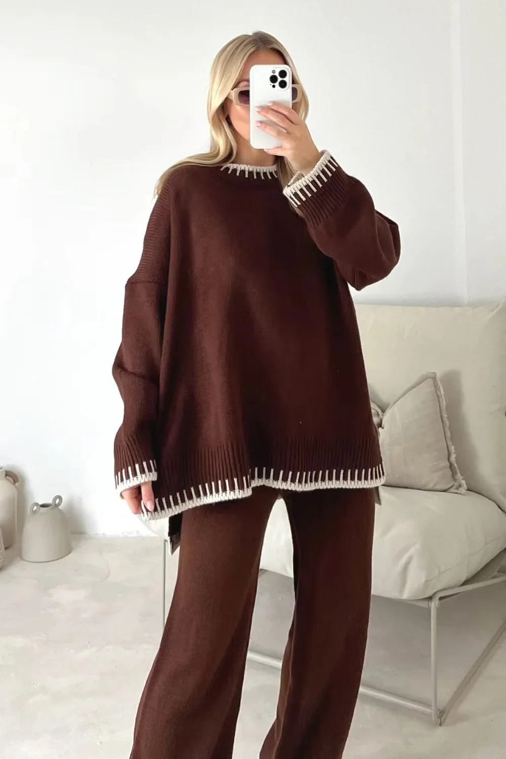 Stripe Knit Two Piece Set Women Casual Split O-neck Long Sleeve Sweater High Waist Pants Sets Female Loose Winter Lady Home Suit