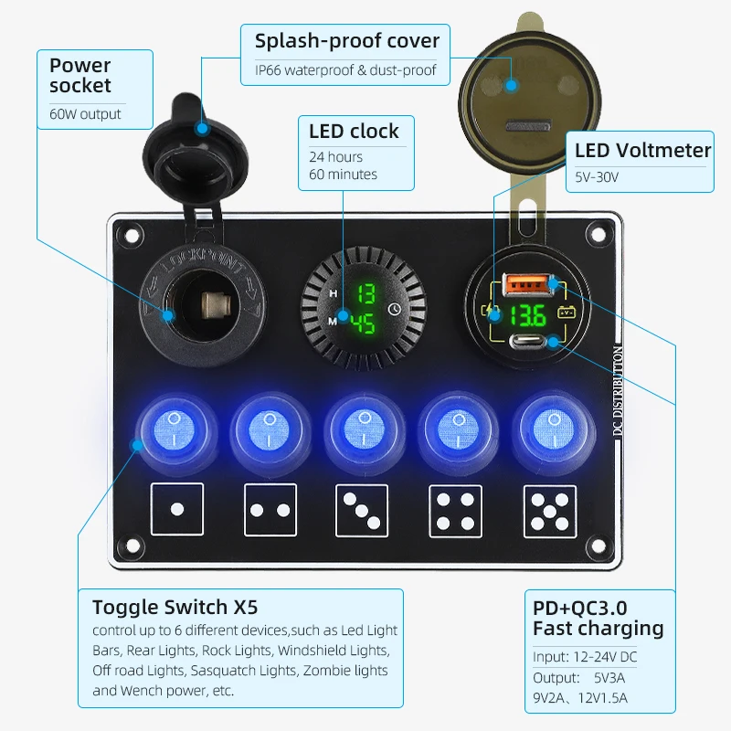 36W 5 Gang Waterproof Rocker Switch Panel 12V 24V LED Digital Voltmeter QC3.0 & PD Dual USB Car Charger Adapter Socket RV Boats