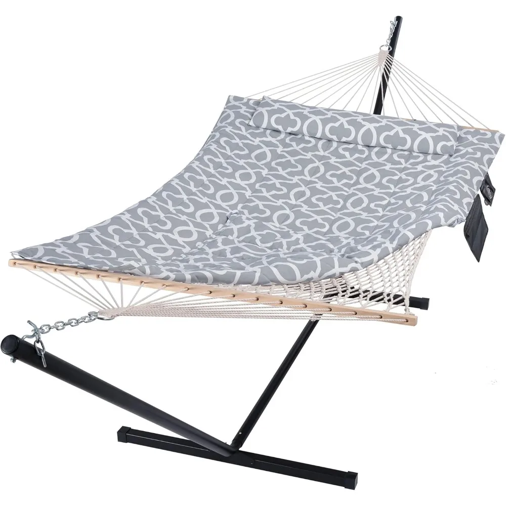 Outdoor Double Hammock with Stand, Two Person Cotton Rope Hammock with Polyester Pad, Circle Pattern