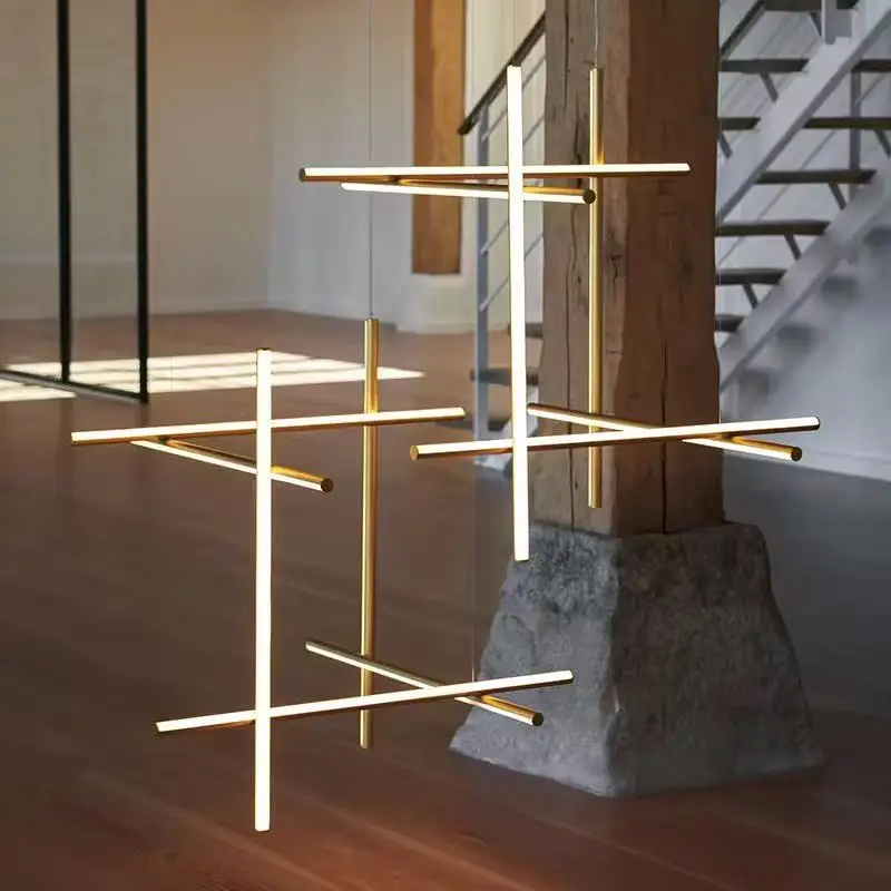 

Minimalist Tube Gold/black Geometric grid design LED Chandeliers lustre Vertical horizon Ceiling Dimmable for home living room