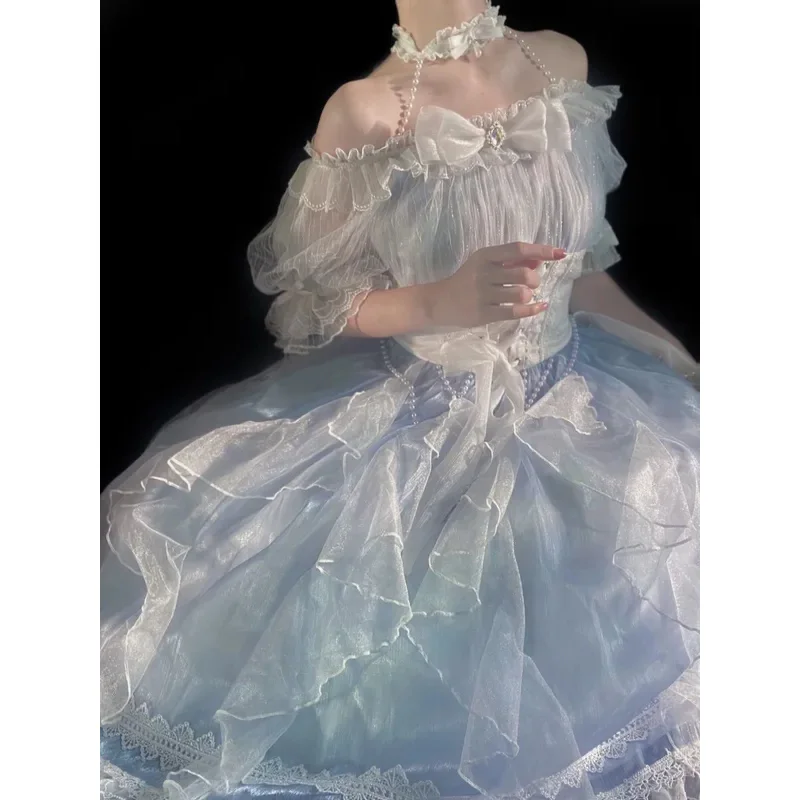 كذبة حوريات البحر لوليتا تي شيرت ملابس على الطراز الغربي فستان أنيق أزرق للحفلات المسائية فستان الأميرة الجنية الفاخرة