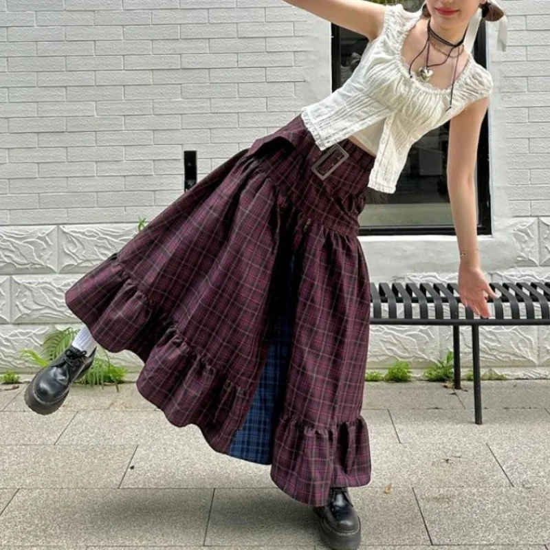 

Korean Vintage Harajuku Style Gothic Y2k Low Waist Plaid Long Skirts for Women Fashion Chic Ruffled High Street Skirt Streetwear