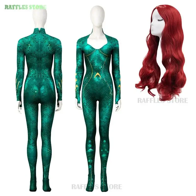 The Queen Mera Amber Cosplay Anime Sea Movie Comic Cosplay Aqua Jumpsuit Red Curly Wig Women Sexy Cosplay Green Suit