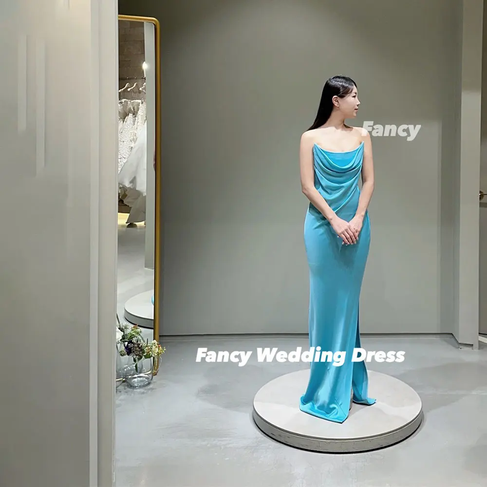Fancy Simple Blue Evening Dress Korea Photoshoot Mermaid Sleeveless Prom Gown Back Corset Customized