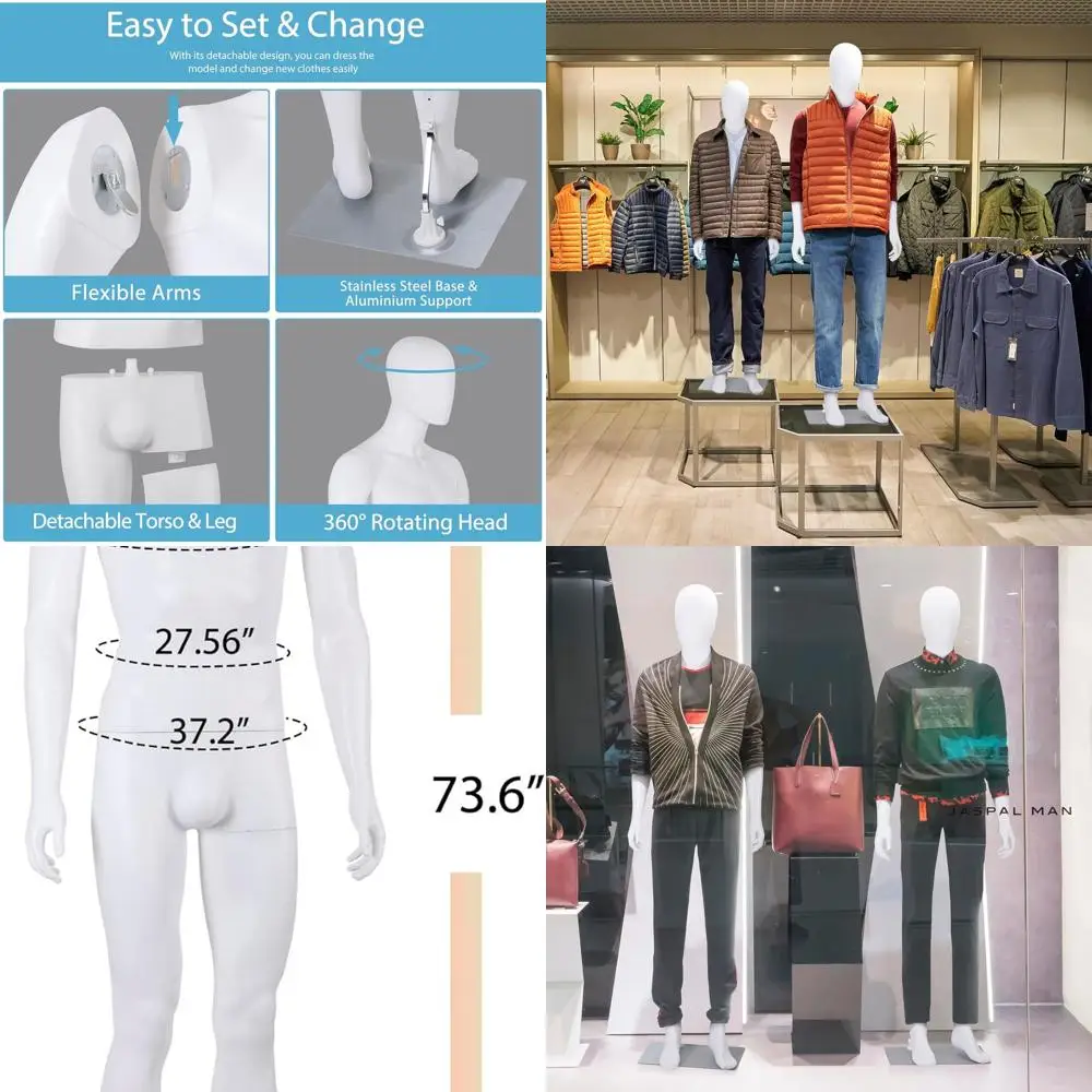

73 Adjustable Full Body Male Mannequin with Realistic Head, Metal Base, White - Ideal for Sewing & Display