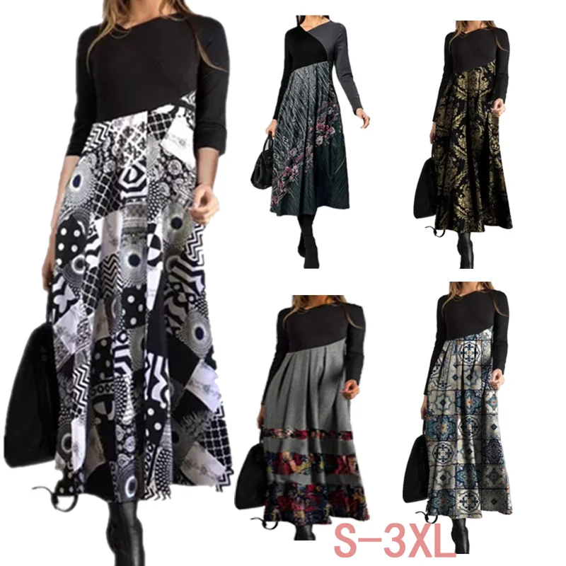 

Винтажное праздничное платье-трапеция с цветочным принтом, Женская длинная юбка с V-образным вырезом и длинным рукавом, модный шикарный дизайн на весну и осень