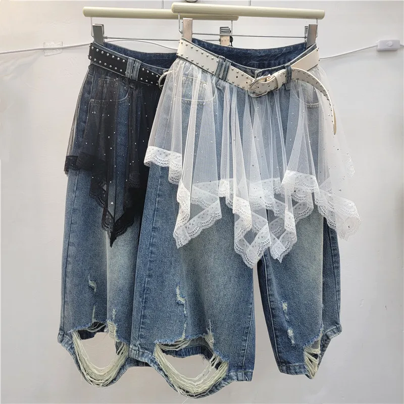 

2026 Summer New Sweet Girl Style Lace Trim Denim Mid-Length Jeans with Mesh Skirt Versatile for Layering
