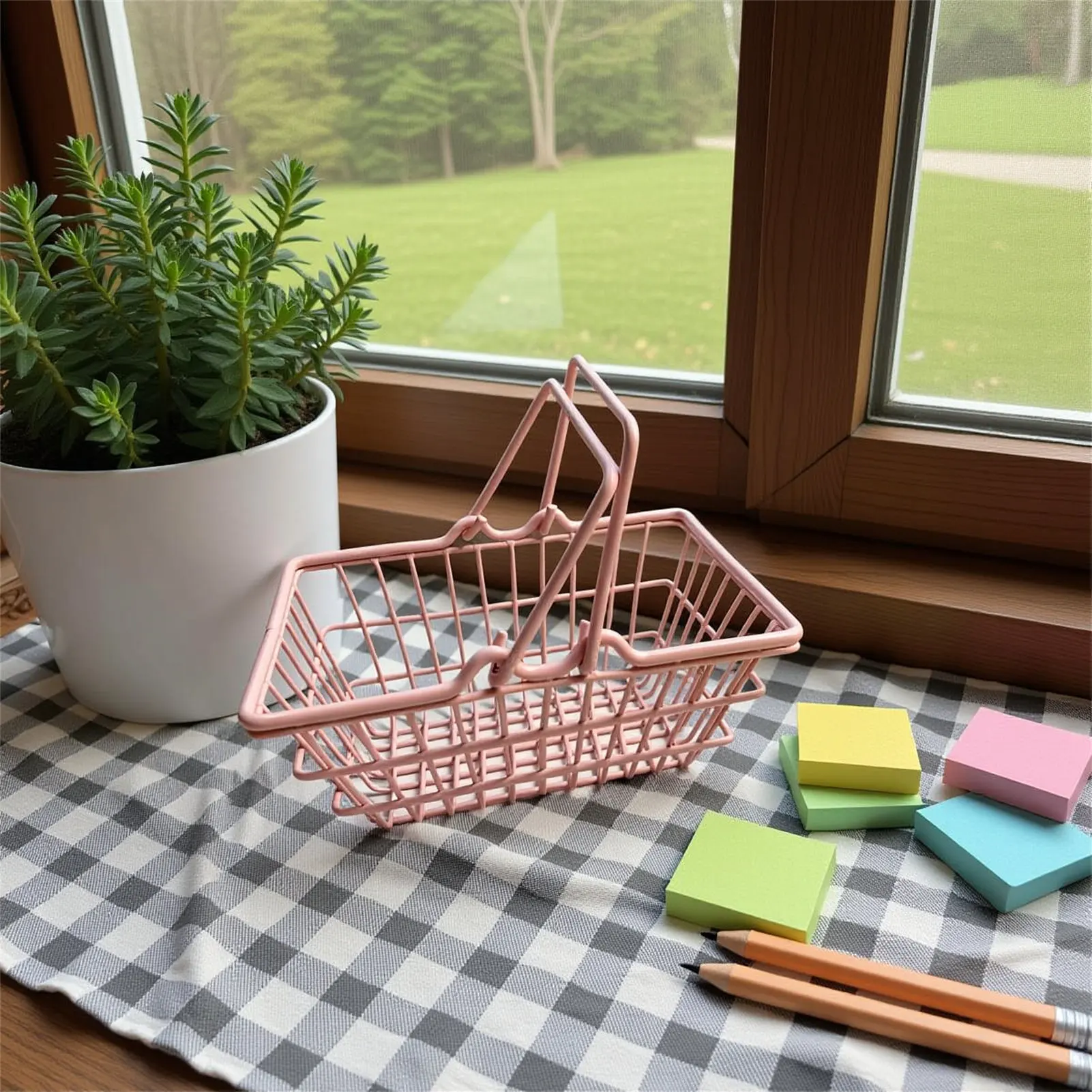 Handlicher Mini-Aufbewahrungskorb im nordischen Stil mit Griff, niedlicher Desktop-Organizer für Wohnheim, Studenten, PP-Material